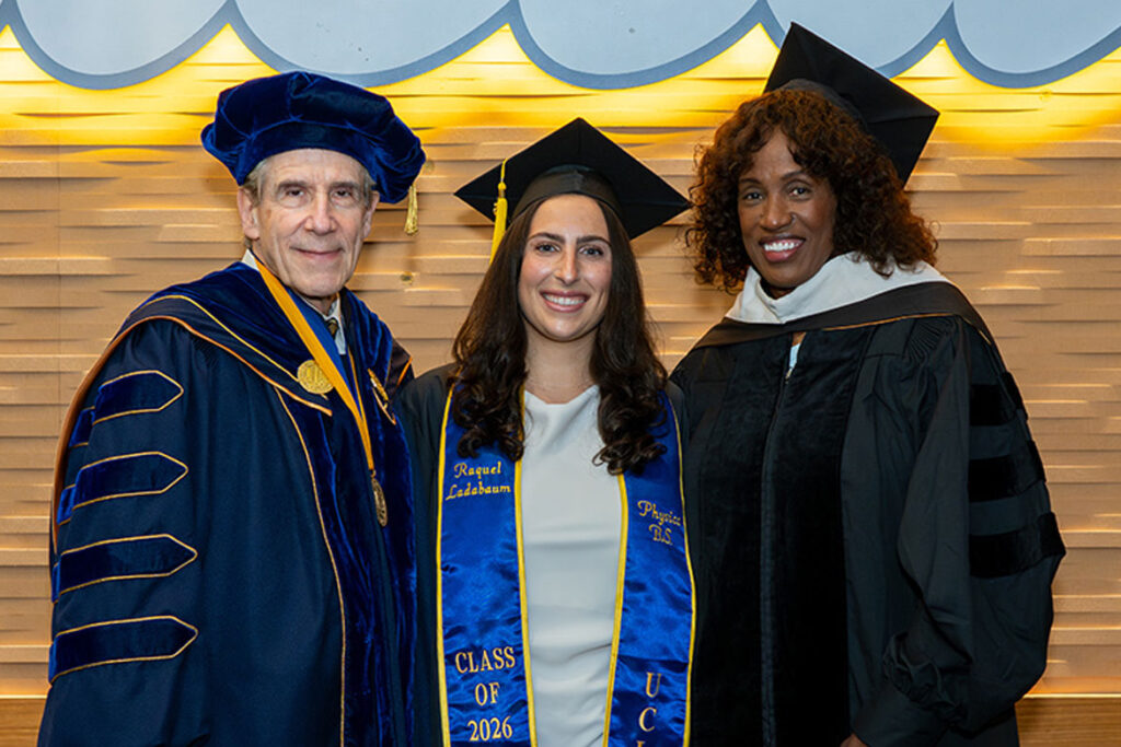 Student speaker Raquel Ladabaum (center) with UCLA Chancellor Julio Frenk (left) and keynote speaker Jackie Joyner-Kersee. Photo: David Esquivel/UCLA