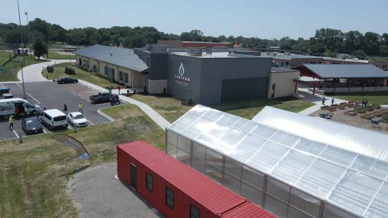 An aerial view shows the Jackie Joyner-Kersee Food, Agriculture, Nutrition Innovation Center and greenhouse during the facility’s grand opening.Photo by Lawrence Bryant | St. Louis American